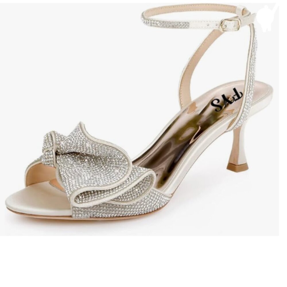 FYS Beige And Silver Rhinestones Bow Peep Toe High Heel Ankle Strap Sandal